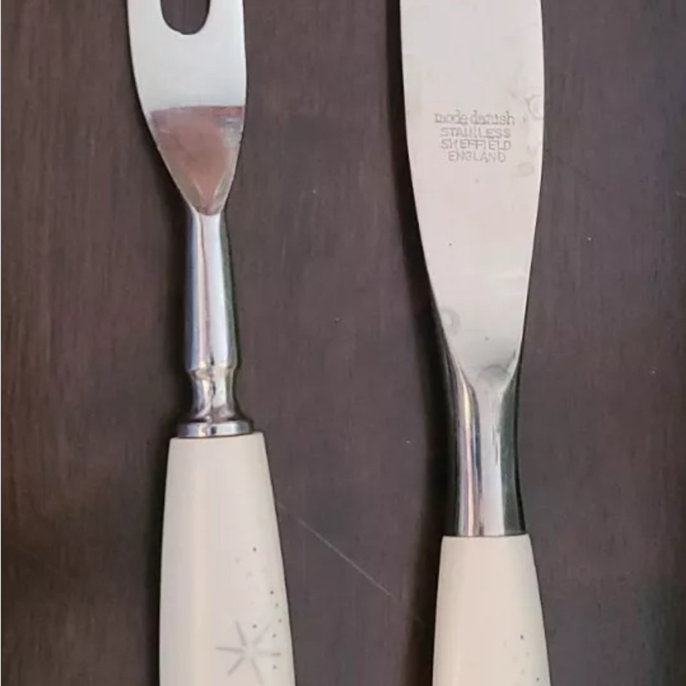 MID CENTURY MODE DANISH Regent SHEFFIELD FORK KNIFE CARVING SET 2 PC Starburst